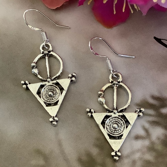 🌸 CELTIC EARRINGS TRIBAL AZTEC DANGLE 925 BOHO CHIC TRIANGLE SILVER BOHEMIAN - Picture 6 of 13